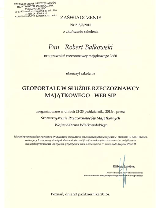 Zaświadczenie o Ukończeniu Szkolenia Geoportale w Służbie Rzeczoznawcy Majątkowego - WEB SIP Robert Bałkowski